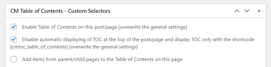 Metabox with TOC settings - Floating Table of Contents WordPress