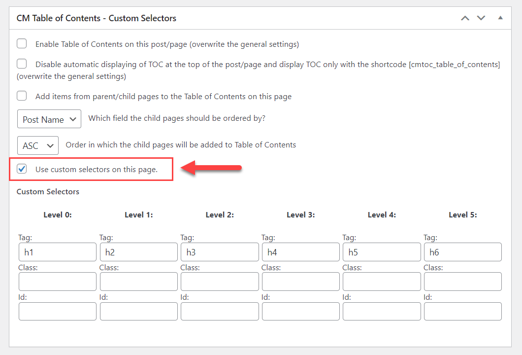 Using custom selectors on the page - TOC Table of Contents WordPress Plugin