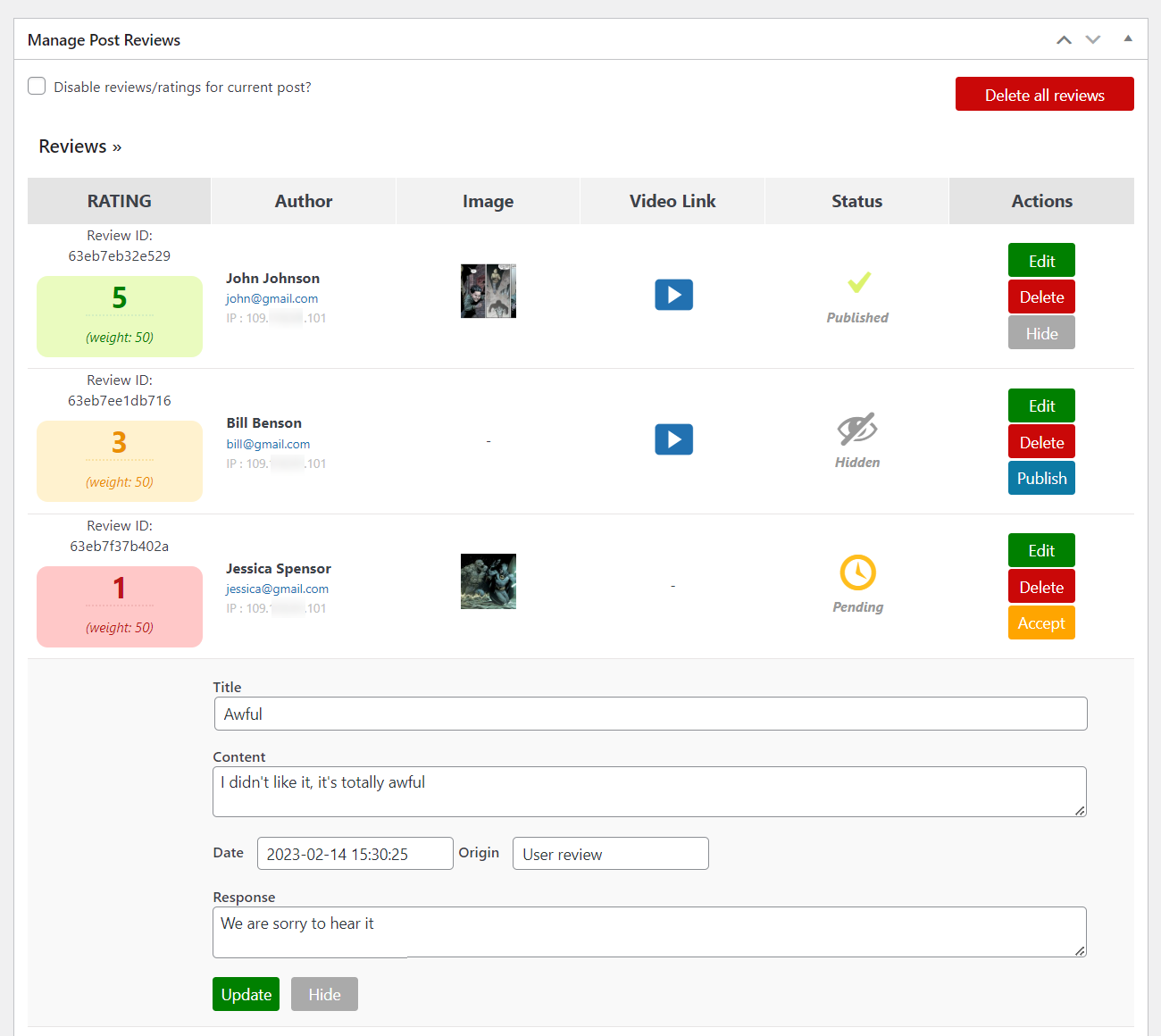 Metabox for managing reviews and ratings in the post/page - WordPress Rating Plugin