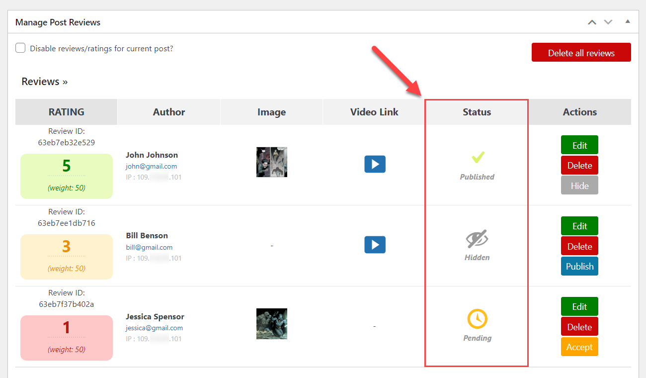 Status column - Product Review WordPress Plugin