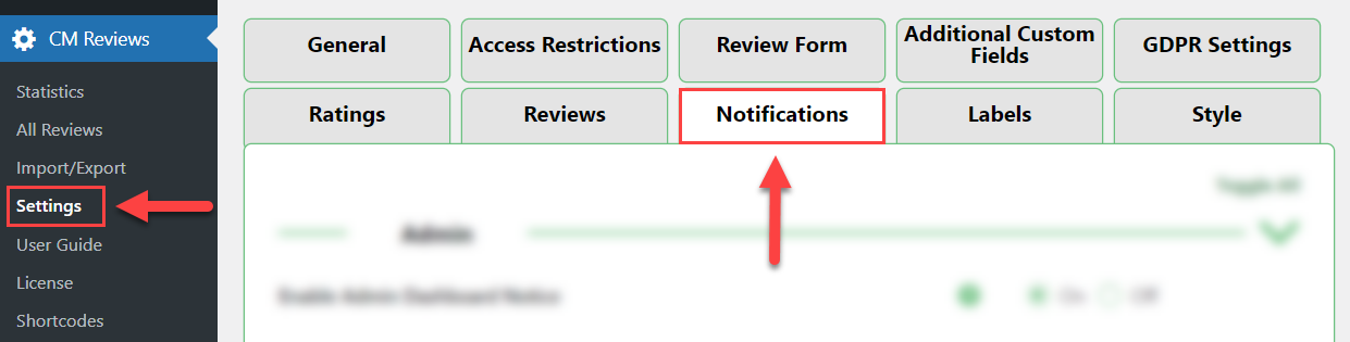 Notifications settings tab - Product Review WordPress Plugin