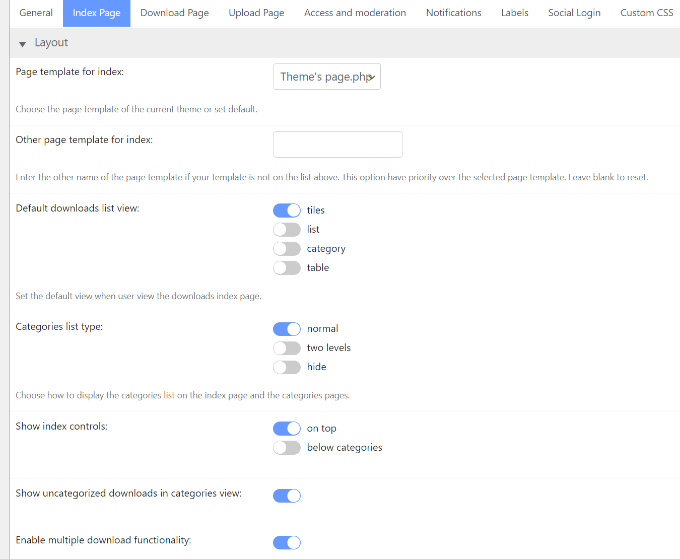 Index page layout settings - WP File Download Plugin