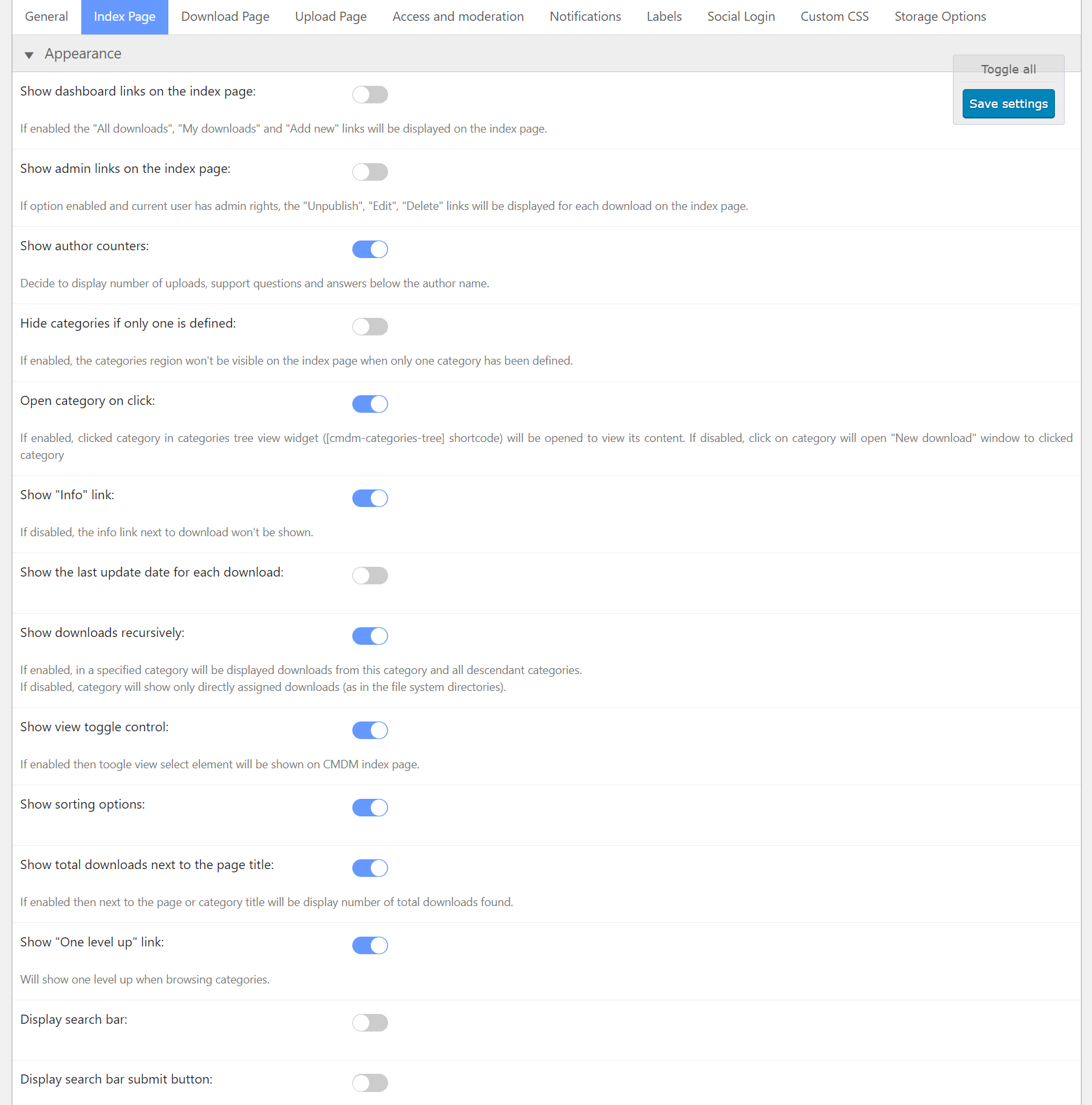 Index page appearance settings - File Download Plugin