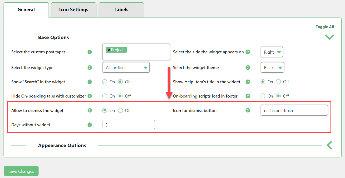 Enabling the option that allows to dismiss the widget - WordPress Walkthrough Plugin