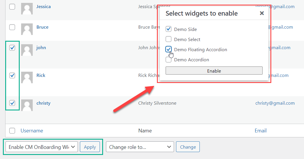 Enabling specific dismissed widgets for multiple users - OnBoarding Plugin WordPress