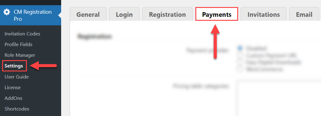 Payments settings - WordPress Custom Login