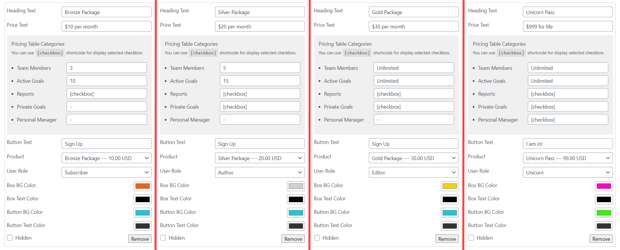 Example of created membership plans - WordPress Custom Login