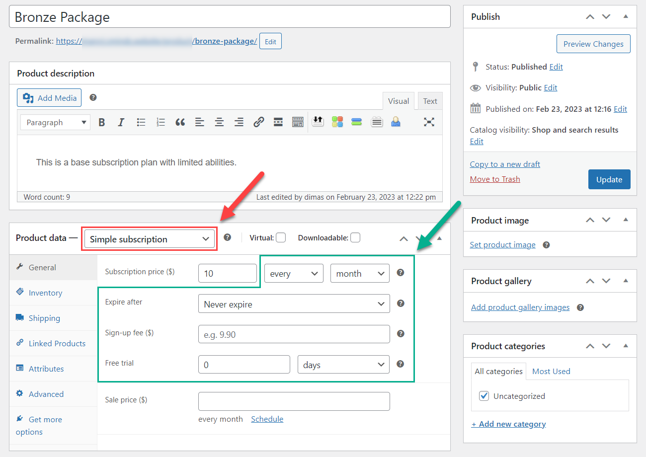 Setting up the subscription price in the WooCommerce product - WordPress Registration Form Plugin