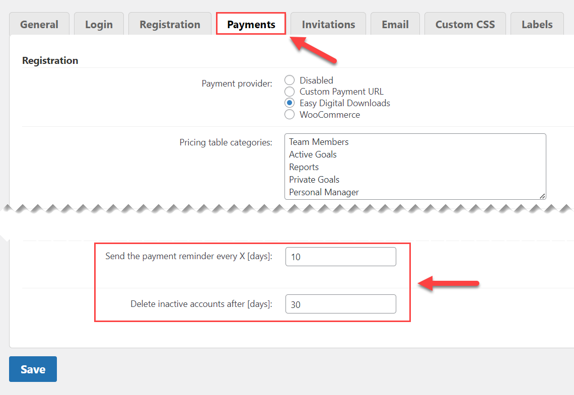 Setting up the payment reminder options - WordPress Social Sign In Plugin