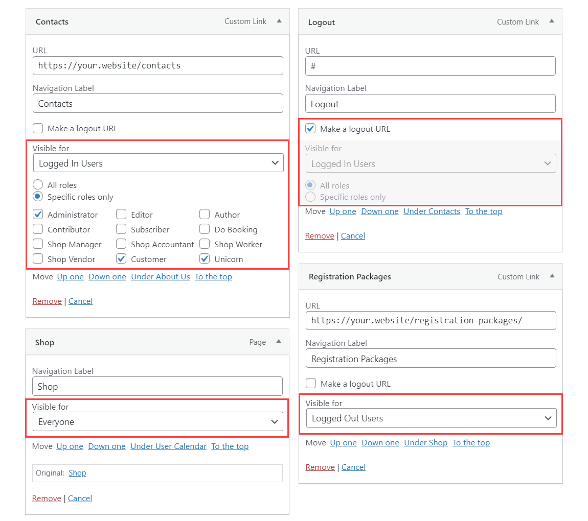 Setting up the visibility for site menu items - Content Control WordPress