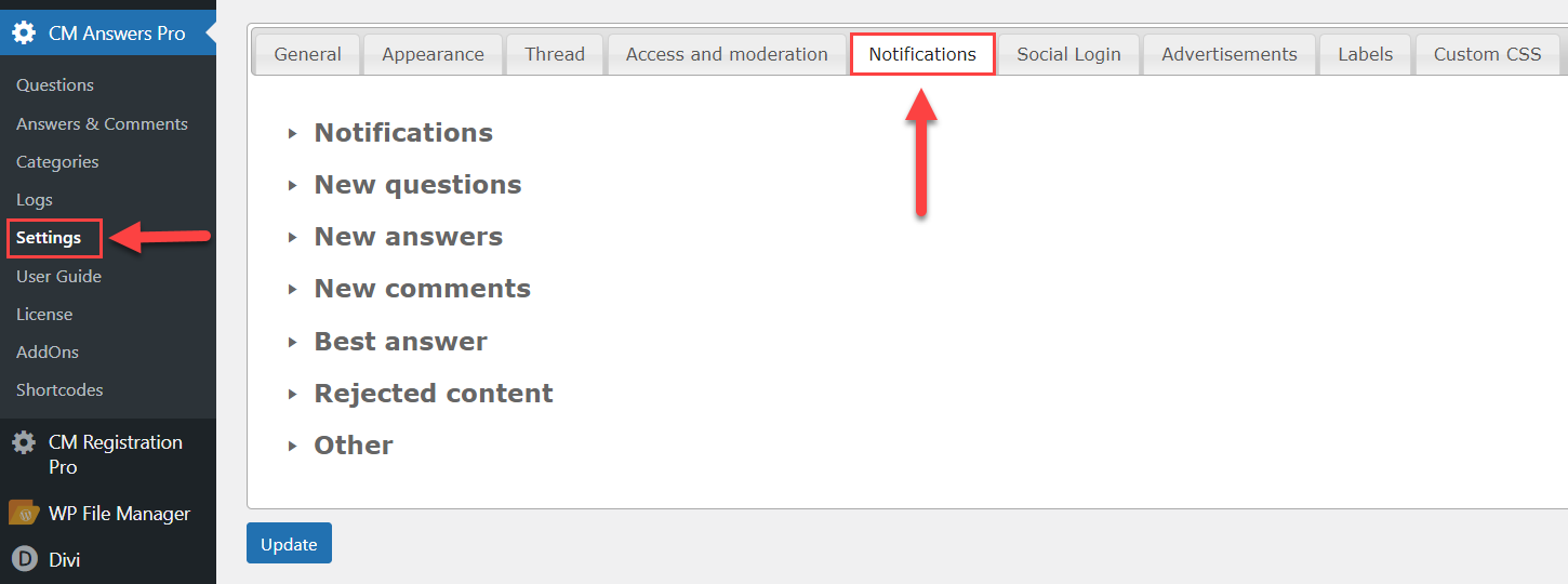 Notifications settings - Discussion Forum Plugin for WordPress