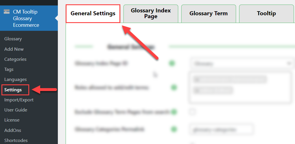 General settings - WordPress Glossary Plugin