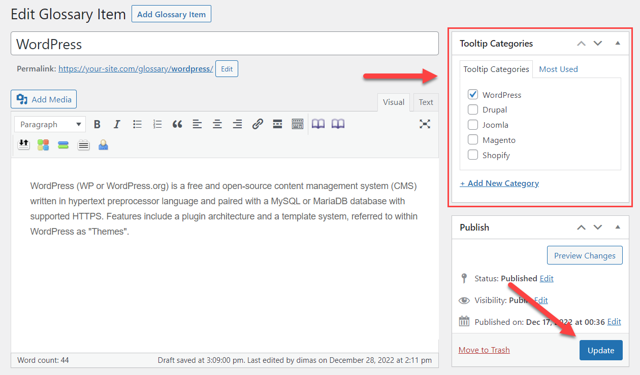 Assinging the term to categories - Glossary Plugin WordPress