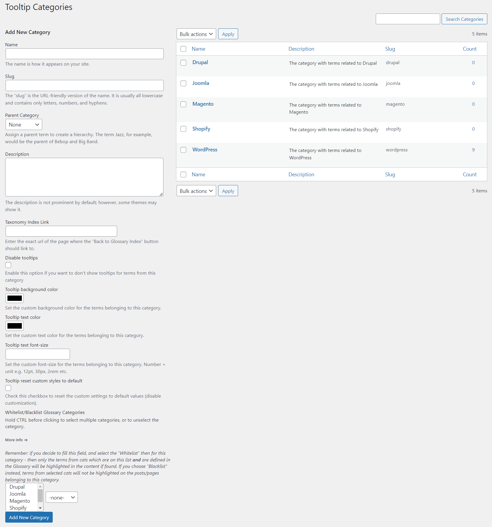 Managing glossary categories - WordPress Knowledge Base Plugin