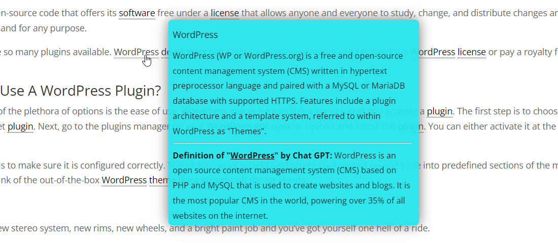 Example of displaying ChatGPT definition together with manually added definition - Tooltip Plugin WordPress