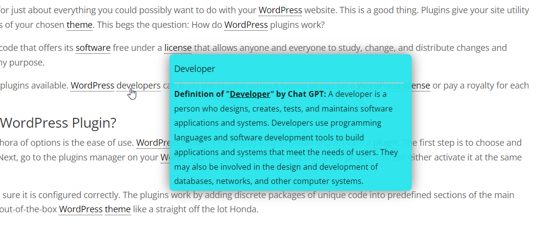 Example of the ChatGPT definition generated for empty term - Glossary Plugin WordPress