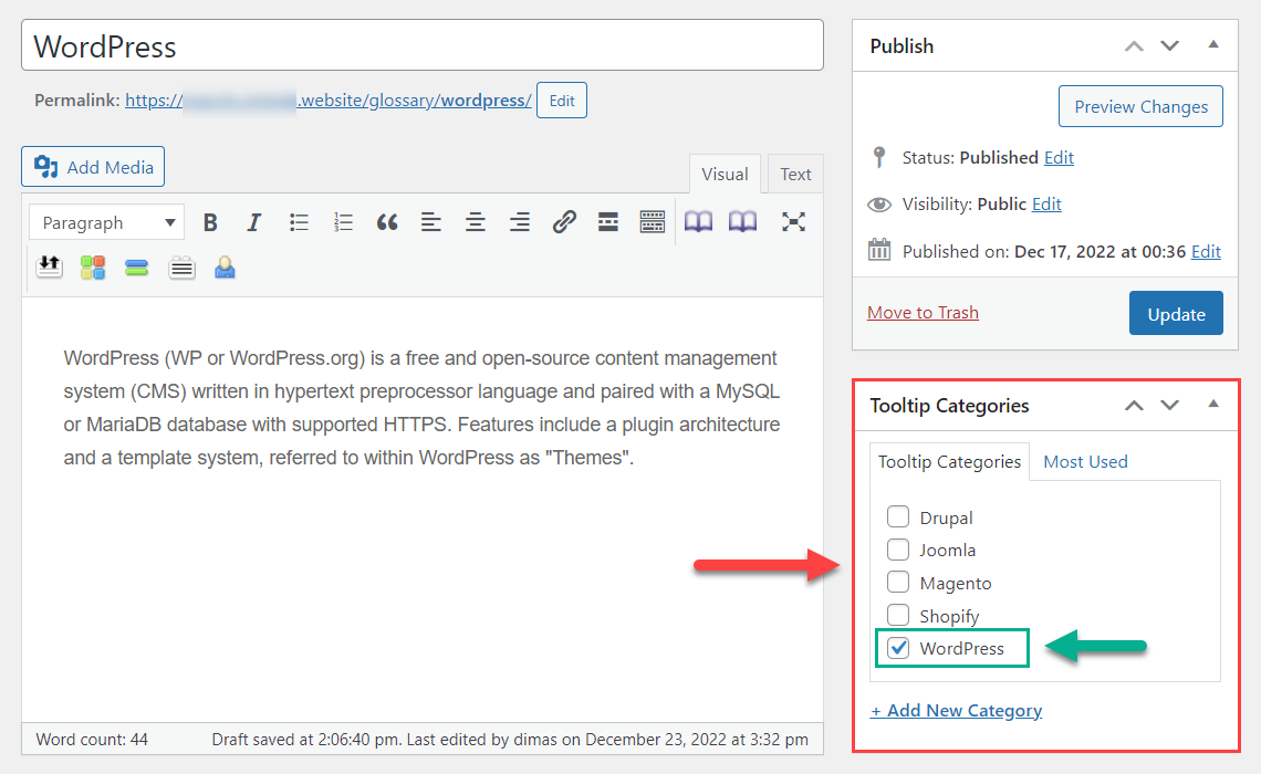 Assinging a term to categories - WordPress Internal Linking Plugin