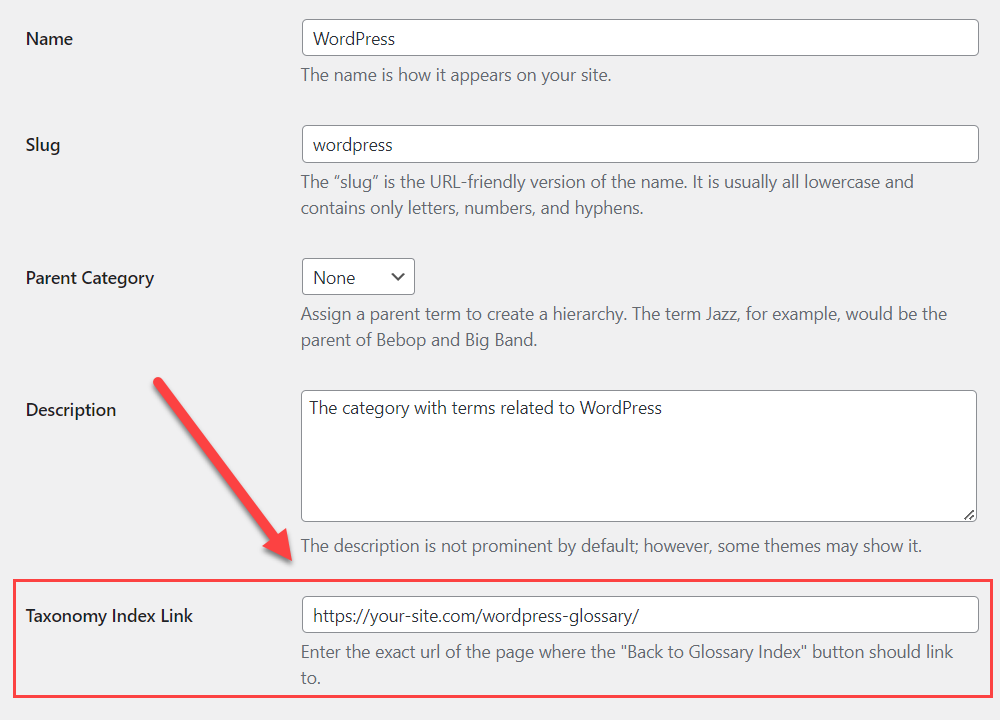 Adding taxonomy index link - Glossary Plugin WordPress