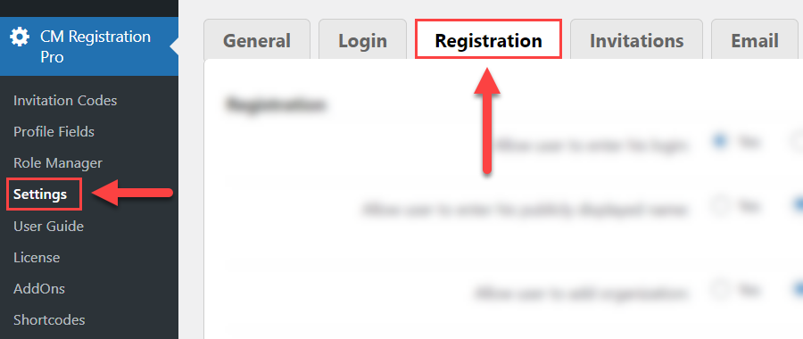 Navigation to the registration settings - WordPress Login Plugin