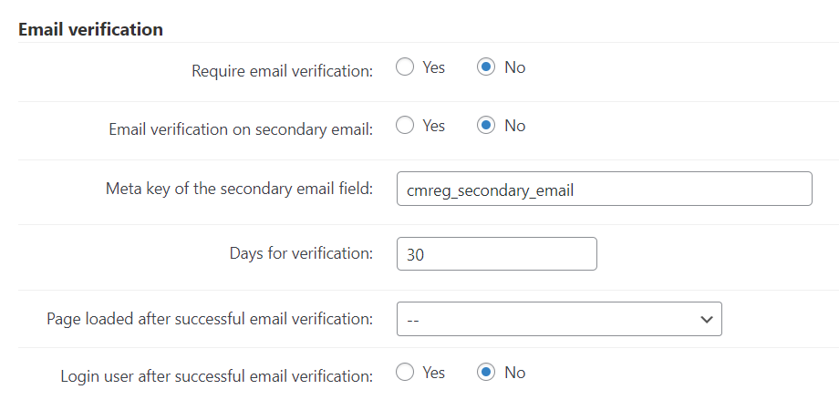 Email verification settings - WordPress Login Plugin