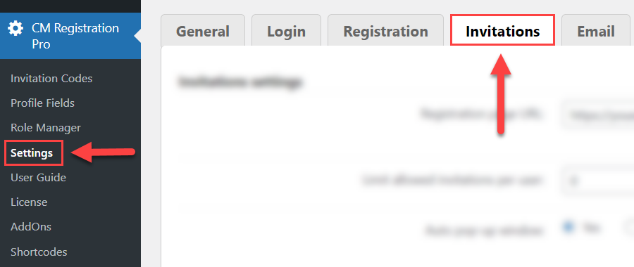 Navigation to the invitation codes settings - WordPress Plugin User Registration