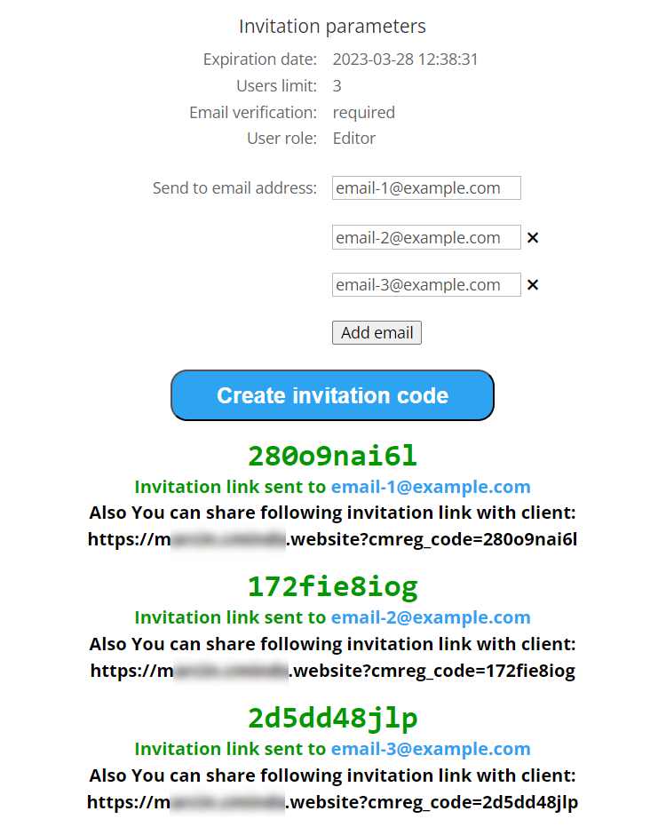 Example of creating and sending invitation codes and link - User Registration WordPress