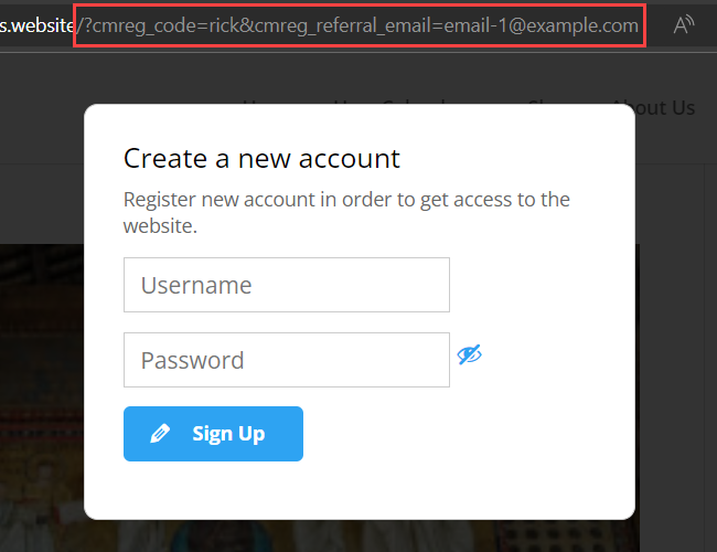 Example of the personalized invitation link with the referral code - WordPress Custom Login