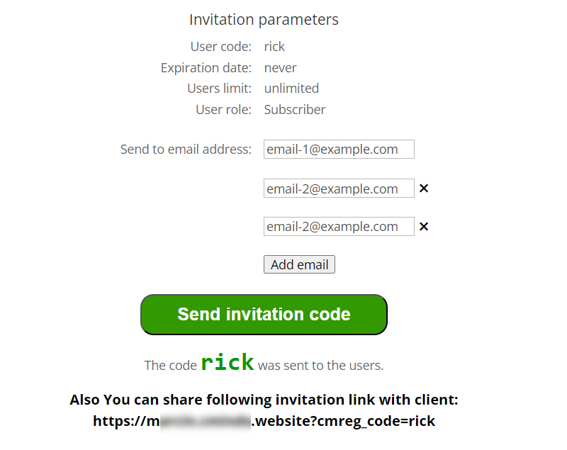 Example of created referral user code and link - WordPress Registration Form Plugin