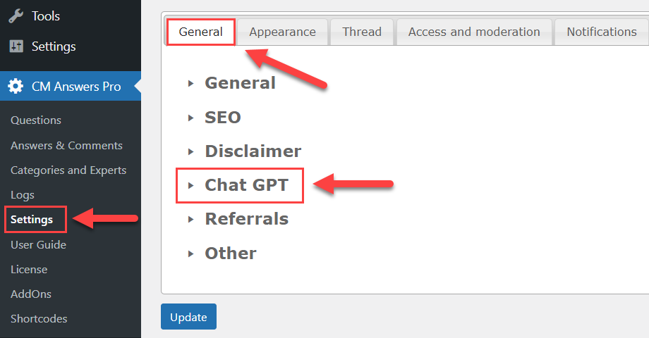 Navigation to the ChatGPT integration settings - WordPress Forum Plugin