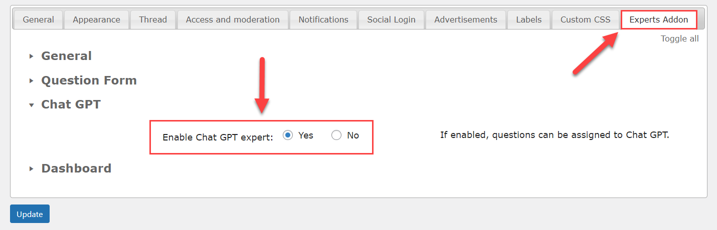 The option for integrating the ChatGPT feature with the Experts add-on - WordPress Question and Answer Plugin