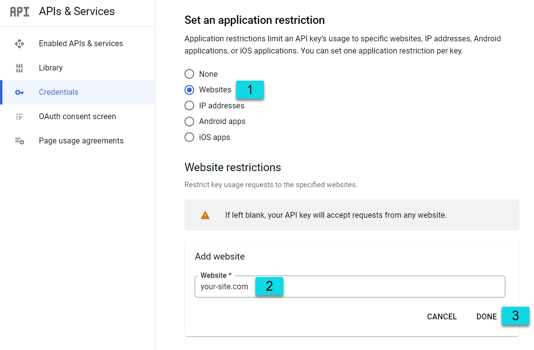 Enabling API restrictions for your website