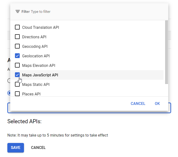 Selecting needed APIs