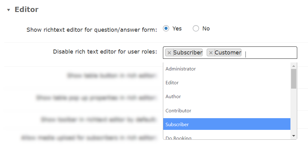 Disabling rich text editor for specific user roles - WordPress Q and A Plugin