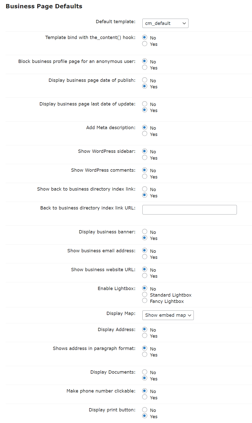 Business page settings - WordPress Business Directory