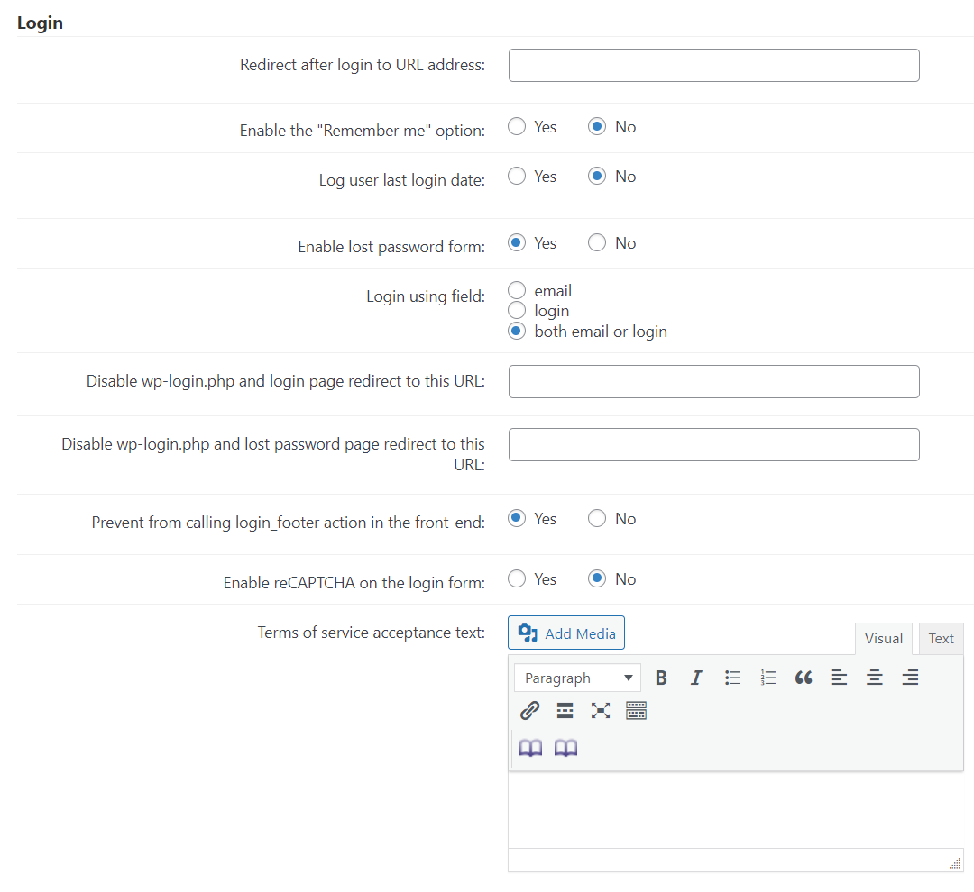 Login settings - User Registration WordPress