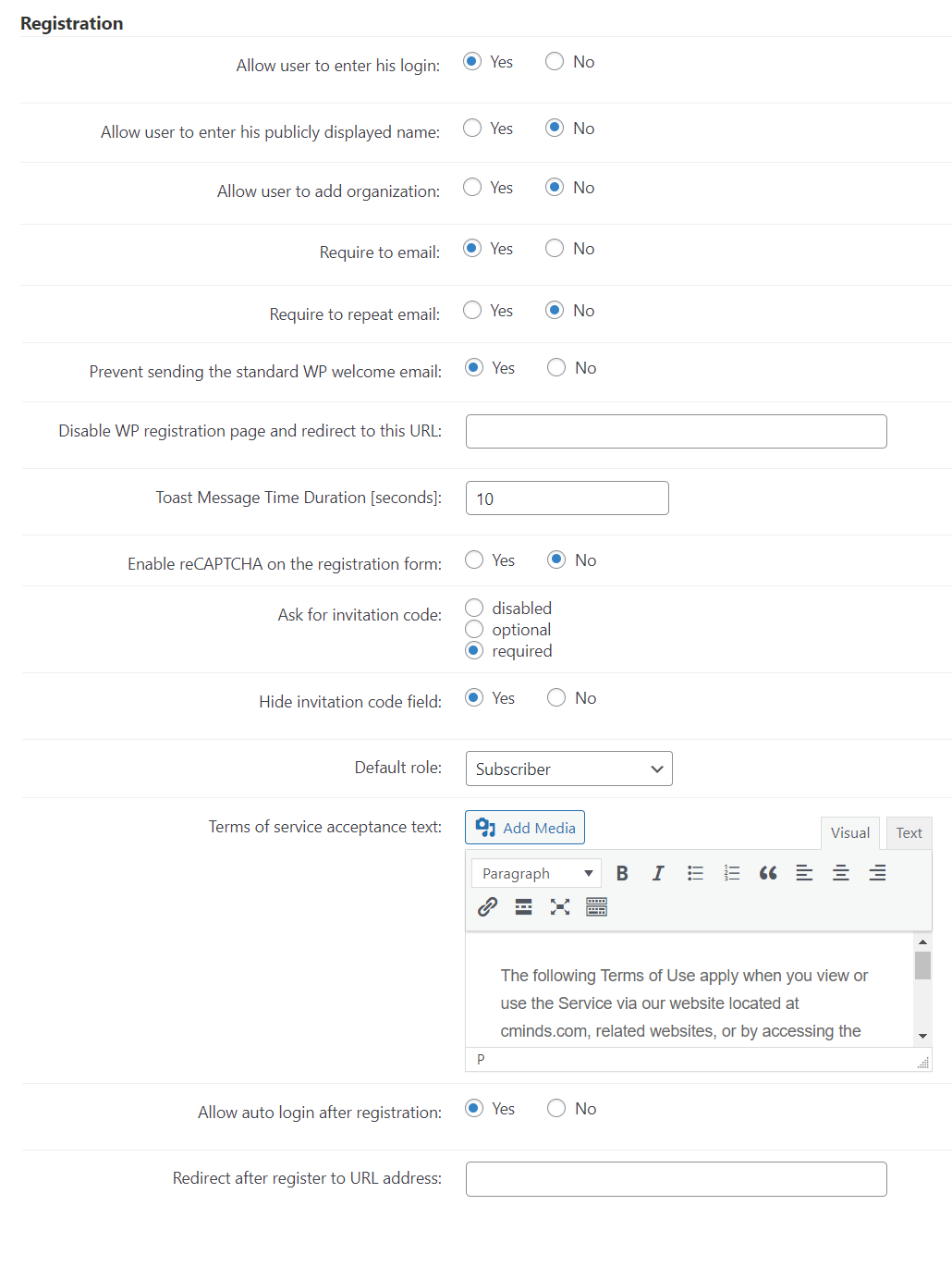 Registration settings - WordPress Plugin User Registration