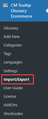 Navigation to the import and export dashboard - WordPress Glossary Plugin