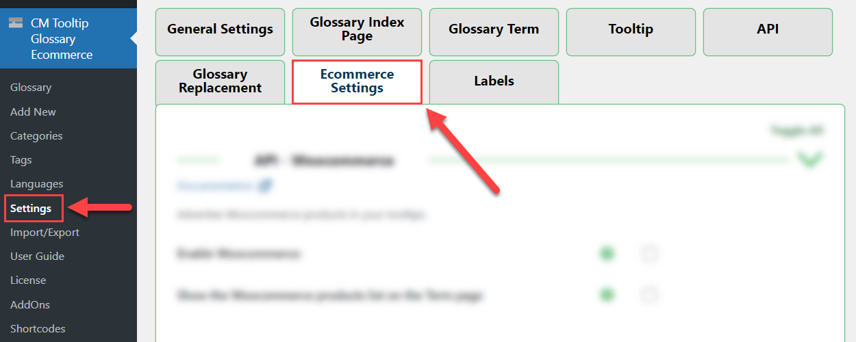 Ecommerce settings - Tooltip WordPress Plugin