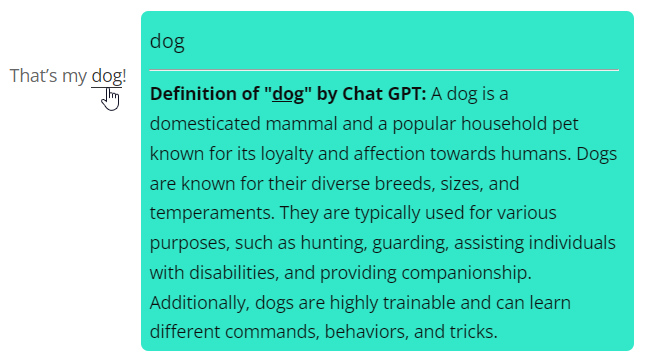 AI generated definition for the term 'dog' when AI role is set to 'expert veterinarian' - WordPress as a Wiki