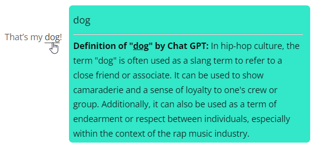 AI generated definition for the term 'dog' when AI role is set to 'gangsta rapper' - WordPress Internal Linking Plugin