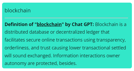 AI generated definition for the term 'blockchain' when AI temerature is set to '1.5' - WordPress Knowledge Base Plugin