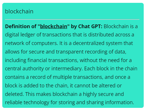 AI generated definition for the term 'blockchain' when AI temerature is set to '0.2' - Knowledge Base WordPress Plugin