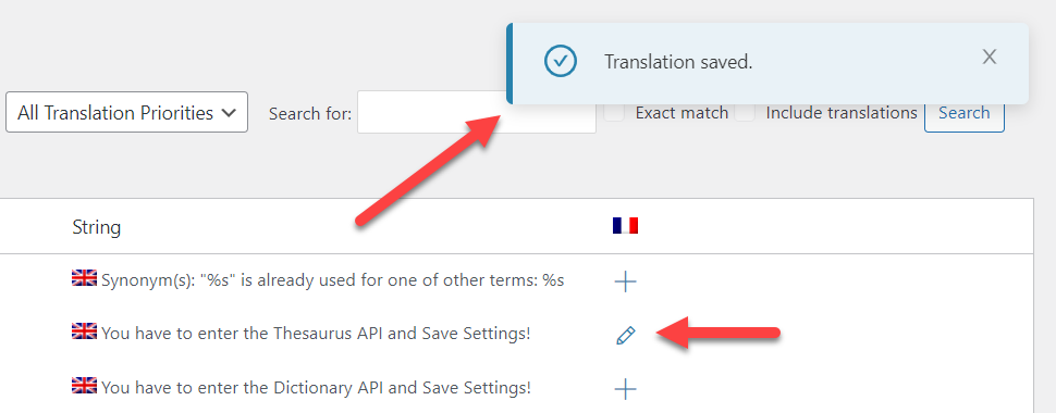 Messages about added translation - WordPress Glossary Plugin