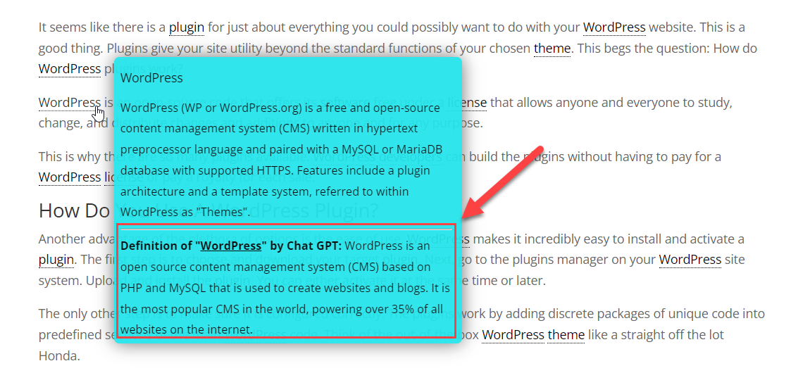 Example of the definition by ChatGPT in the tooltip - Tooltip Plugin WordPress