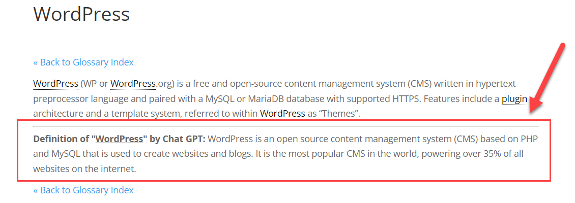 Example of the definition by ChatGPT on the term page - Tooltip WordPress Plugin