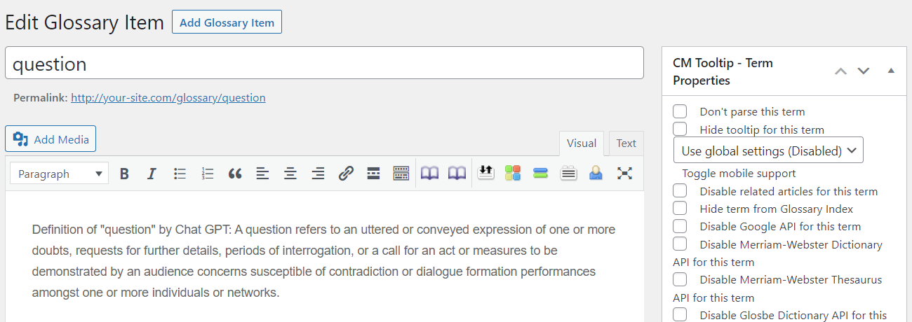 Stored term in the glossary - Tooltip Plugin WordPress