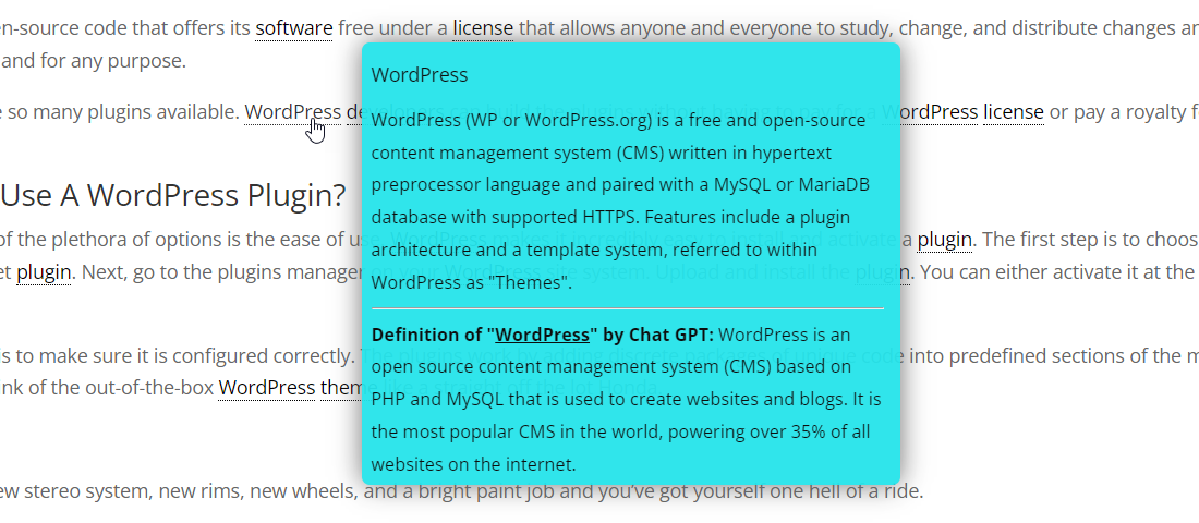 Example of displaying ChatGPT definition together with manually added definition - WordPress Knowledge Base Plugin