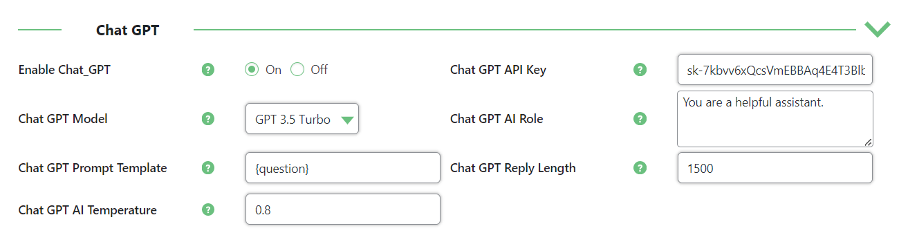 ChatGPT integration settings - Frequently Asked Questions Plugin WordPress