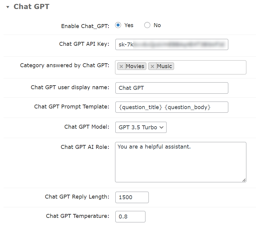 ChatGPT integration settings - WordPress Question and Answer Plugin