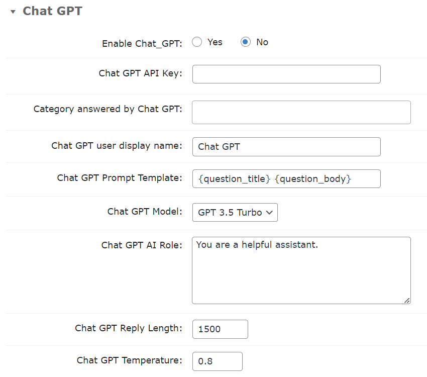 ChatGPT integration settings - WordPress Forum Plugin